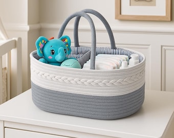 Woven Cotton Rope Diaper Caddy: Nursery Storage Basket with Removable Divider