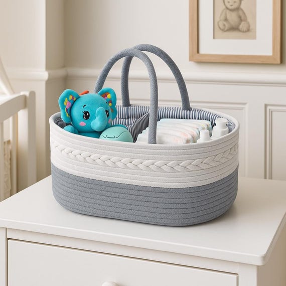 Woven Cotton Rope Diaper Caddy: Nursery Storage Basket with Removable Divider