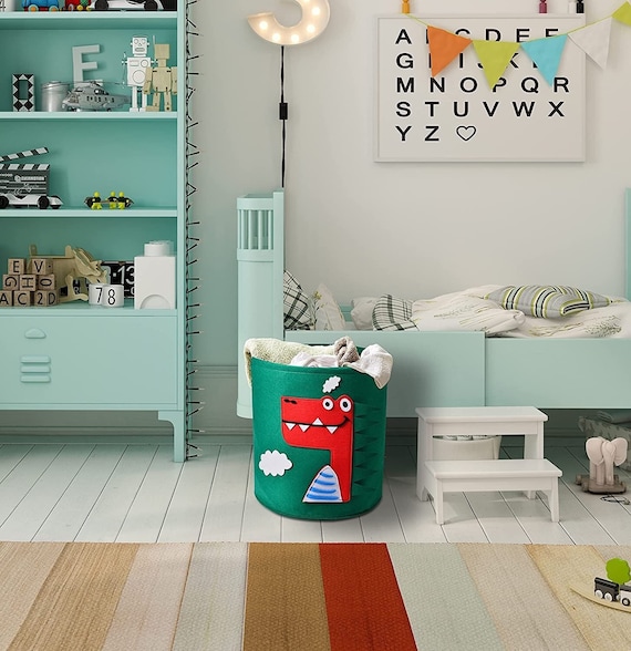 Green Dinosaur Felt Kids Storage/Laundry Basket 13.78" x 14.57", Toy/ Book Storage Basket, Nursery Hamper Blanket/Towel Holder