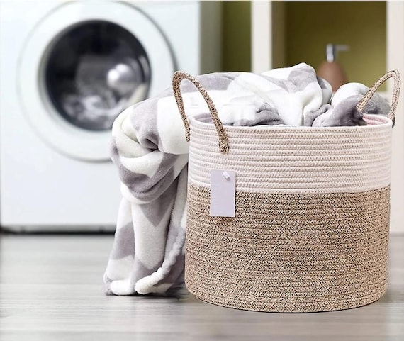 Eco Friendly Beige & White Woven Cotton Rope Basket: Boho Laundry Hamper, Blanket Storage Nusery