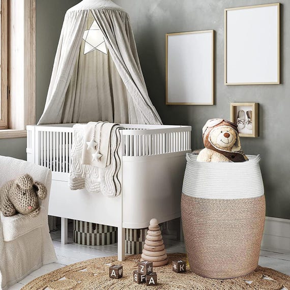Extra Large White and Beige Boho Woven Eco Friendly Cotton Rope 19" x 26" Storage Basket, Laundry and Nursey Storage Hamper, Blanket/Towel