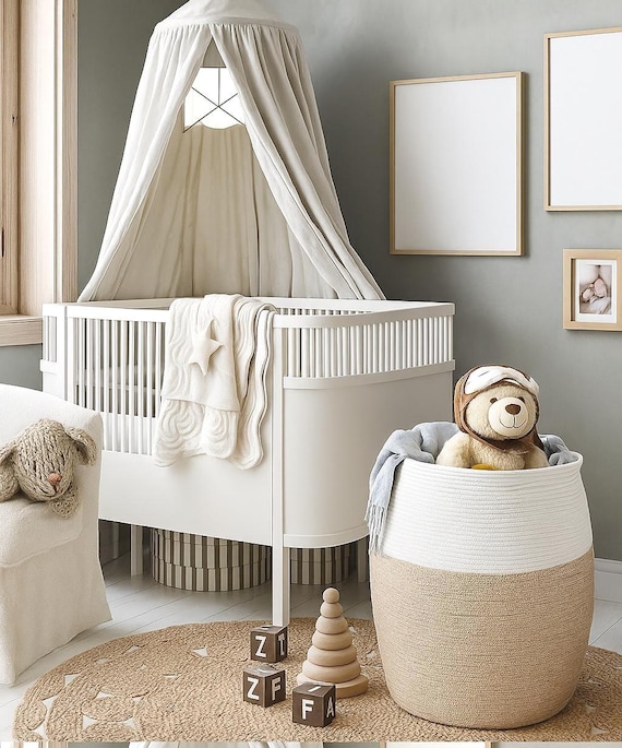 Extra Large White and Beige Woven Eco Friendly Cotton Rope 19" x 26" Storage Basket, Laundry and Nursey Storage Hamper, Blanket/Towel Holder