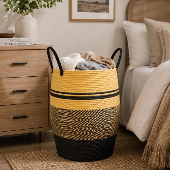 Extra Large Boho Cotton Storage Rope Basket, Black Beige Woven Hamper (19" x 26")