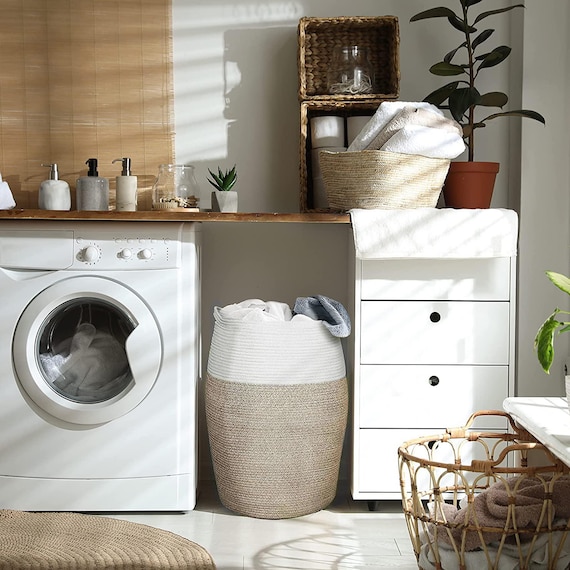 Extra Large White and Beige Woven Eco Friendly Cotton Rope 19" x 26" Storage Basket, Laundry and Nursey Storage Hamper, Blanket/Towel Holder