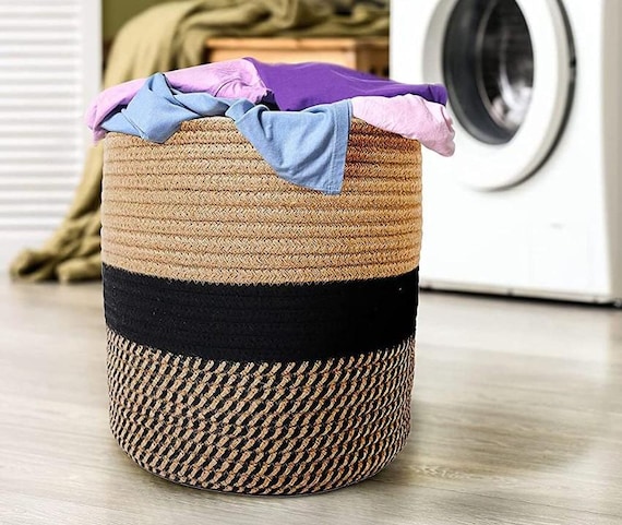 Modern Rustic Black and Beige 12" x 12" Eco Friendly Woven Rope Basket, Home Decor Storage Organizer, Blanket/Towel Holder