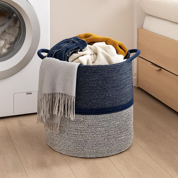 Woven Blue White Black Cotton Rope Collapsible Eco Friendly 15" x 17" Laundry Hamper Basket, Home Storage and Laundry Blanket/Towel Holder