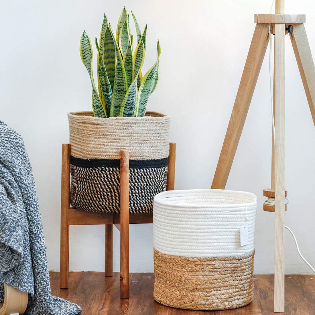 Modern Rustic Black and Beige 12 X 12 Eco Friendly Woven Rope Basket, Home  Decor Storage Organizer, Flower Planter, Blanket/towel Holder 