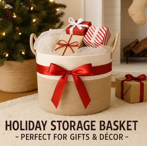 Eco Friendly Beige & White Woven Cotton Rope Basket: Boho Laundry Hamper, Blanket Storage Nusery