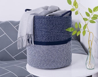 Woven Blue Cotton Rope Collapsible Eco Friendly 15" x 13" Laundry Hamper Basket, Home Decor Storage and Laundry Basket Blanket/Towel Holder