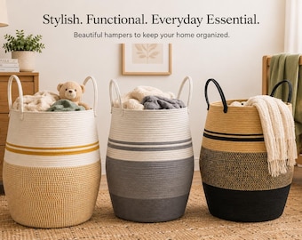 Extra Large Boho Cotton Storage Rope Basket, White Beige Black or Gray Decorative Woven Hamper (19" x 26")