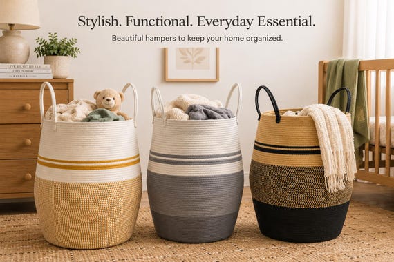 Extra Large Boho Cotton Storage Rope Basket, White Beige Black or Gray Decorative Woven Hamper (19" x 26")