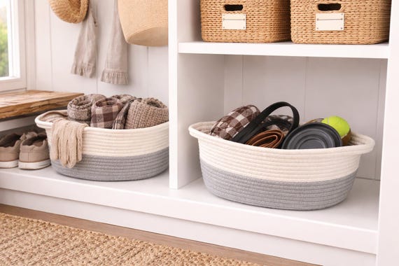 Set of 2 Woven Cotton Rope White and Gray Small Storage Baskets