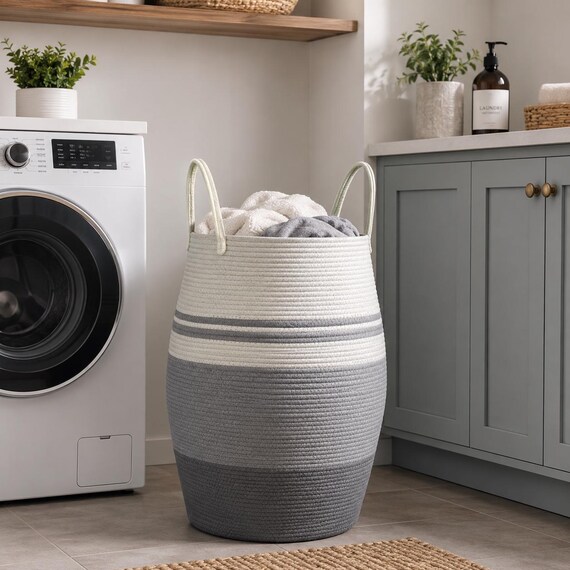 Extra Large Boho Cotton Storage Rope Basket, White Gray Woven Hamper (19" x 26")