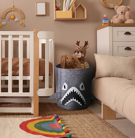 Gray Shark Felt Kids Storage and Laundry Basket 13.78" x 14.57", Toy/Book Storage Basket, Nursery Hamper, Blanket/Towel Holder