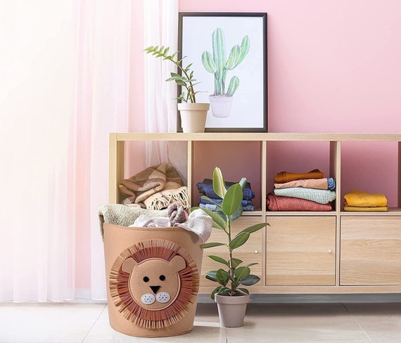 Beige Lion Felt Kids Storage and Laundry Basket 13.78" x 14.57", Toy/Book Storage Basket, Nursery Hamper Blanket/Towel Holder