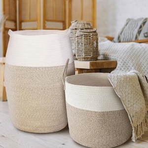 Woven Cotton Rope Basket Set: Beige & White Boho Storage Hamper