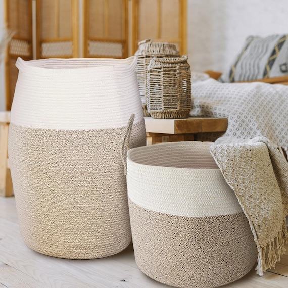 Two Pack White and Beige Woven Eco Friendly Cotton Rope 19" x 26" and 15" x 13" Hamper Set Storage Basket, Laundry and Nursey Storage