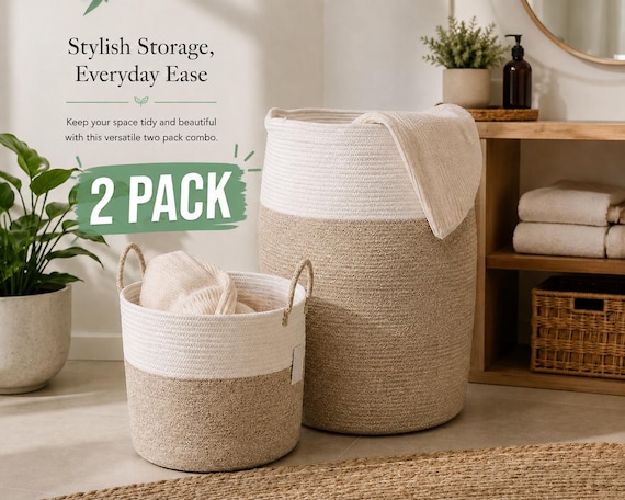 Woven Cotton Rope Hamper Set, Boho Storage Basket, Natural Eco-Friendly Laundry Organizer