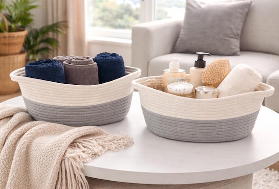 Set of 2 Woven Cotton Rope White and Gray Small Storage Baskets