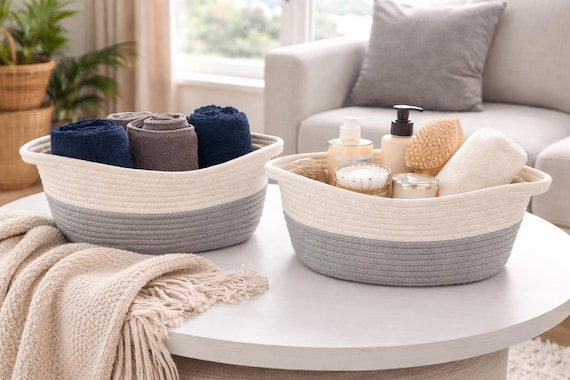 Set of 2 Woven Cotton Rope White and Gray Small Storage Baskets