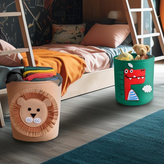 TWO PACK Kids Animal Basket- Green Dinosaur and Beige Lion/Storage/Laundry Basket 13.78" x 14.57", Toy/ Book/Nursery