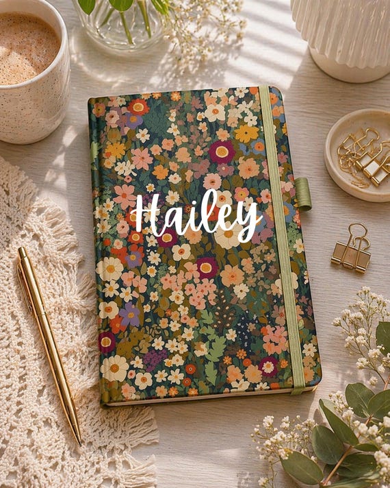 Personalized Floral Notebook | Custom Name Hardcover Journal, Planner Gift