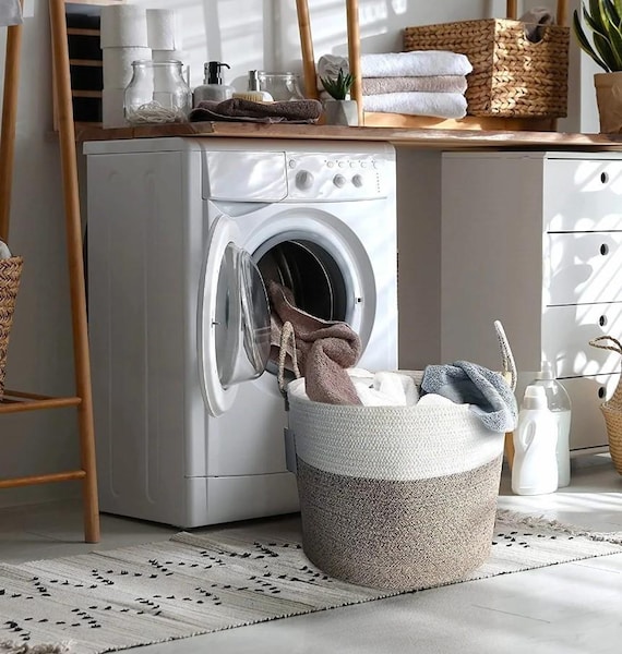 Beige and White Large Woven Collapsible Eco Friendly Laundry Basket 15 x 13 inches Home Decor Storage and Hamper, Blanket/Towel Holder