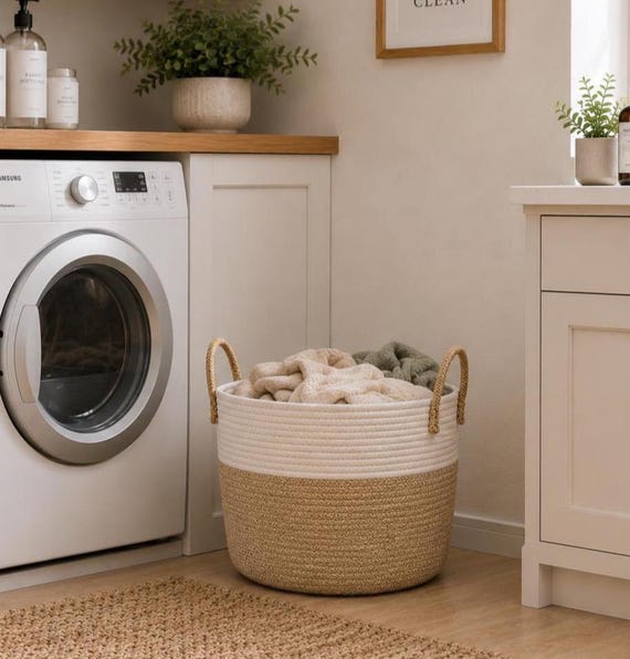 Eco Friendly Beige & White Woven Cotton Rope Basket: Boho Laundry Hamper, Blanket Storage Nusery