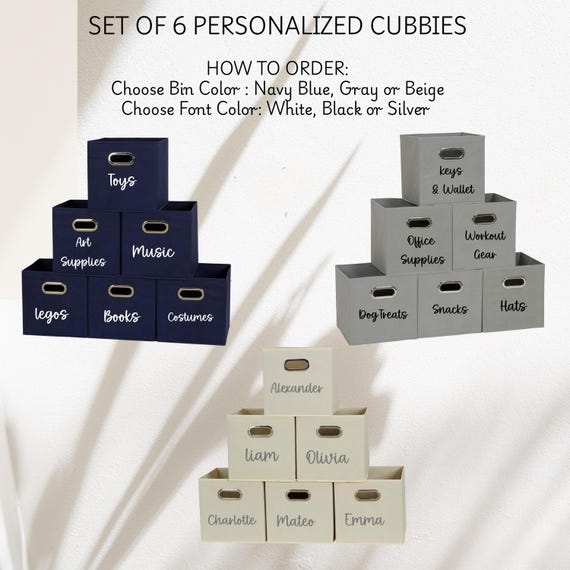 Set of 6 Custom-Labeled Fabric Storage Bins Cubby Organizer | Personalized for Kids, Pantry, Pets & More | Modern Storage Basket with Tags