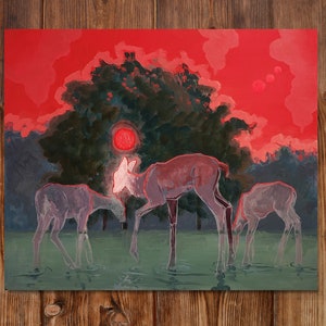 May include: A painting of three deer standing in a body of water. The deer are white and have a red glow around them. The background is a red sunset with a large green tree in the center.