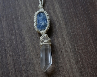 Clear Quartz and Kyanite Macrame Pendant Necklace ~ Natural Hemp Thread