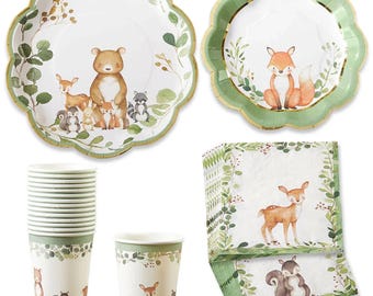 Woodland Baby Animals Baby Shower Tableware 78 Piece Bundle with Cups | Baby Shower Tableware | Baby Animals | 1st Birthday Party Decor | H8