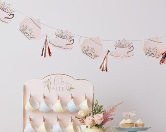Cup and Saucer Banner / Tea Party Bunting / Rose Gold Tea Party Garland / Tea Party Birthday