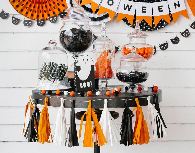 Halloween Tassel Banner / Black and Orange Banner / Party Banner / Tissue Tassel Banner / Black and Orange Decor / Halloween Decorations image 1