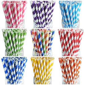 May include: Nine bundles of colorful paper straws in clear glasses. The straws are striped in various colors, including pink, purple, blue, green, red, orange, and yellow. The straws are arranged in a diagonal pattern.
