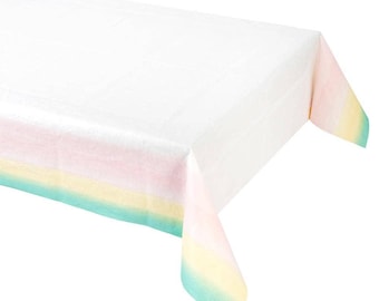 May include: A white rectangular tablecloth with a pastel color gradient along the edges. The gradient transitions from pink to yellow to teal. The tablecloth is made of a lightweight material.