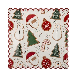 May include: A square, off-white Christmas-themed plate with a scalloped red edge. The plate features gingerbread-style illustrations of Santa Claus, Christmas trees, snowmen, ornaments, and candy canes, with red and green confetti.