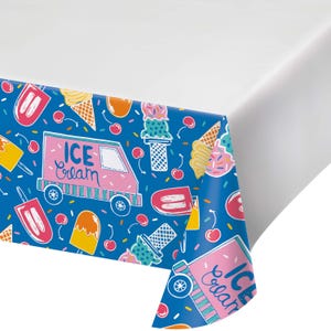 May include: A blue tablecloth with a repeating pattern of ice cream cones, popsicles, cherries, and ice cream trucks. The ice cream truck is pink with the words "Ice Cream" on the side. The tablecloth has a white border.
