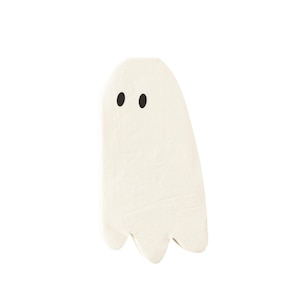 May include: A white ghost-shaped paper napkin with two black eyes. The napkin has a textured surface and a scalloped bottom edge. Perfect for Halloween or themed parties.