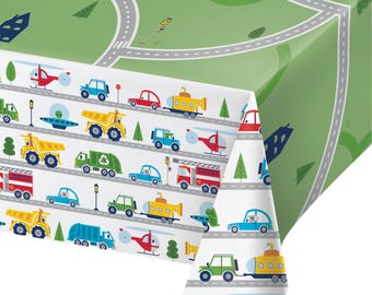 Cars and Trucks Transportation Time Table Cover | Truck Birthday Party | Kids Party Supplies | 54 x 96 | Boys Birthday Party