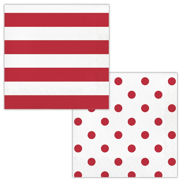 Red and White Large Napkins / Red and White / Red Stripe Napkins / Red Polka Dot Napkins / Red Paper Napkins / Red Party Napkins