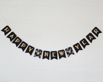 Happy New Year Banner – Black & Gold Party Garland | New Year’s Eve Celebration Decorations | Happy New Year’s Eve | NYE Garland | New Year