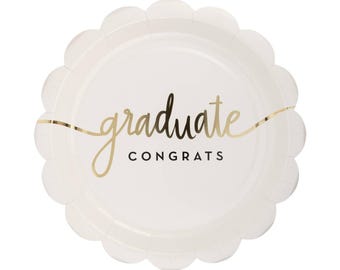 Congrats Graduate Scalloped Paper Plates | Set of 8 | 9" Graduation Party Plates | Gold Foil Grad Tableware | Class of 2026 Party Supplies