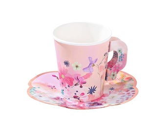 Pink Floral Paper Teacup with Saucer - Set of 24 for Tea Parties and Celebrations / Tea Party Cups | Birthday Tea Party