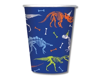Dinosaur Skeleton Party Cups | 8 Pack Paper Cups | Dino Birthday Tableware | Boys Dinosaur Party | Blue Fossil Theme
