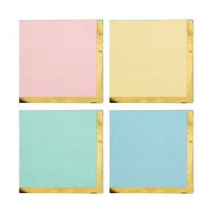 May include: Four square napkins with gold foil trim. The napkins are in pastel colors: pink, yellow, light blue, and light green.