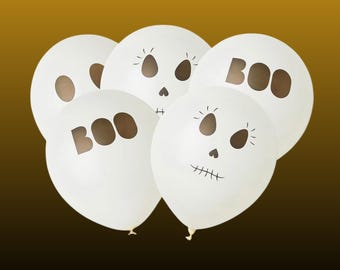 Halloween Ghost Balloons, White with 'BOO' and Skeleton Faces (5-Pack)