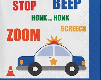 Traffic Jam Police Car Small Napkins | Traffic Jam Small Napkin | Cars and Trucks Napkins | Trucks Birthday Party| Baby Boy's First Birthday