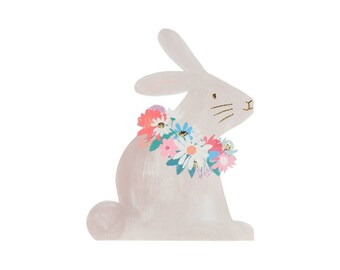 Bunny Shaped Paper Napkins with Flowers, Set of 16 for Easter Celebrations, Birthday Parties and Baby Showers
