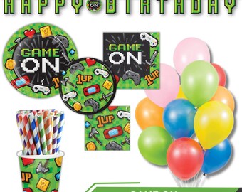 Video Game Birthday Bundle | Party Supplies for 8 | Gamer Plates Napkins Cups Banner Balloons | Game On Theme | Kids Birthday Decor